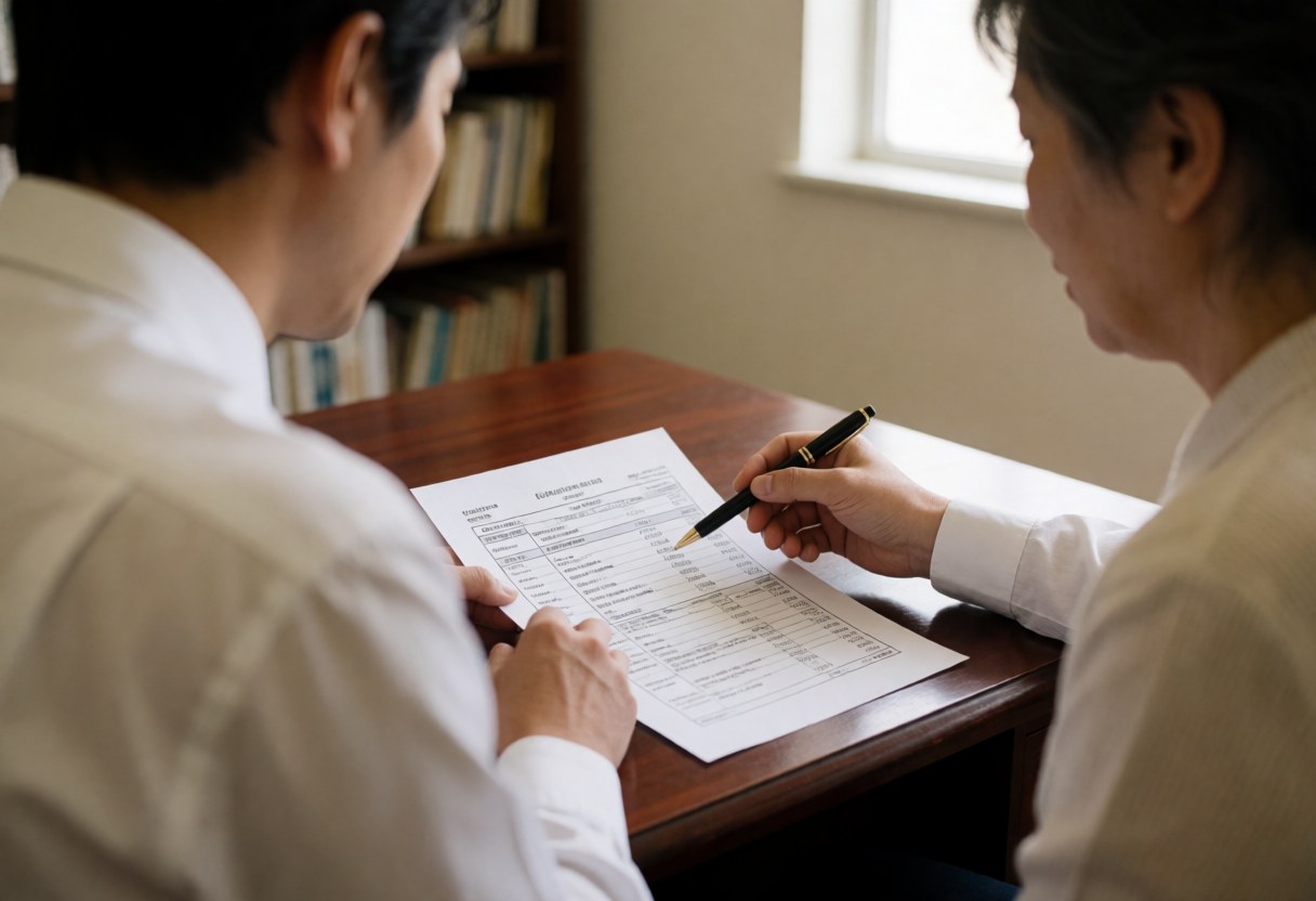 Un conseiller financier en chemise blanche explique les détails d'un document fiscal à un client assis à une table en bois poli, dans un bureau éclairé par la lumière naturelle.