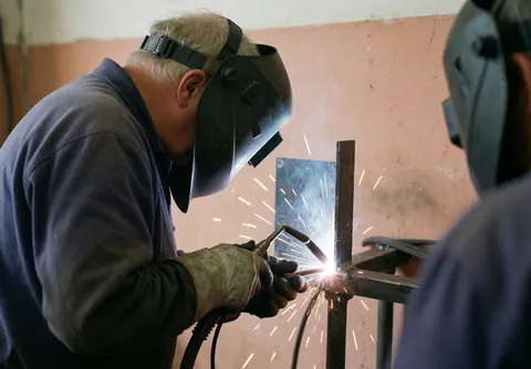 Un soudeur casqué et ganté effectue une soudure sur du métal, projetant des étincelles, devant un mur en terre cuite dans un atelier industriel.