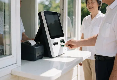 Vue rapprochée d'une main remettant de l'argent à un caissier derrière un comptoir en verre transparent, avec un ticket imprimé visible, dans un parc aquatique.