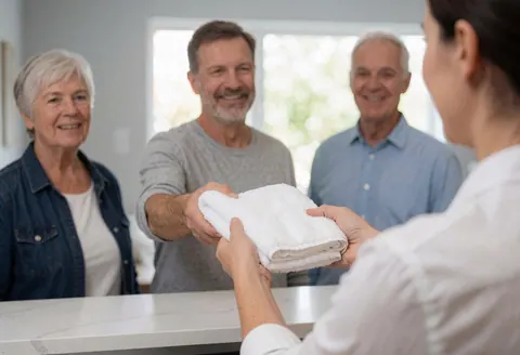 Un employé tend une serviette blanche à un client derrière un comptoir de spa, baigné de lumière naturelle avec des murs gris en arrière-plan.