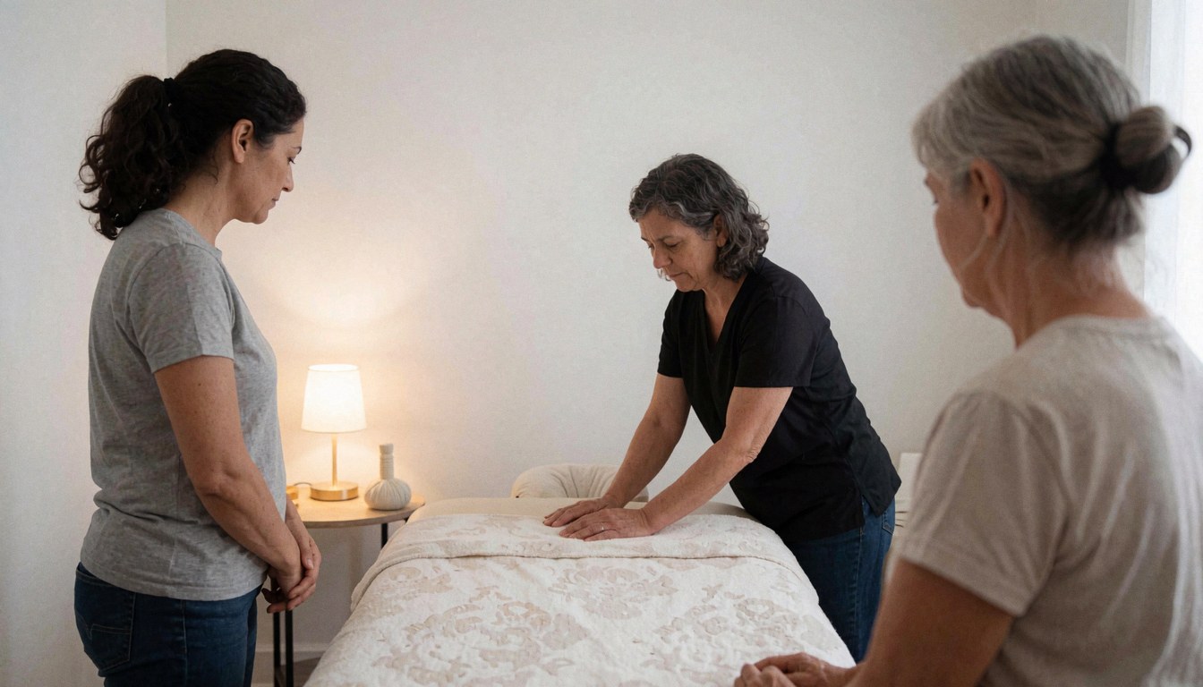Une praticienne réalise un massage sur un lit recouvert de draps blancs, tandis que deux personnes regardent depuis les côtés dans une pièce lumineuse avec une lampe.