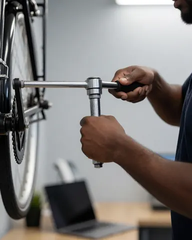 Un technicien ajuste un vélo à l'aide d'une clé dynamométrique dans un atelier aux murs gris chauds légèrement flous en arrière-plan.