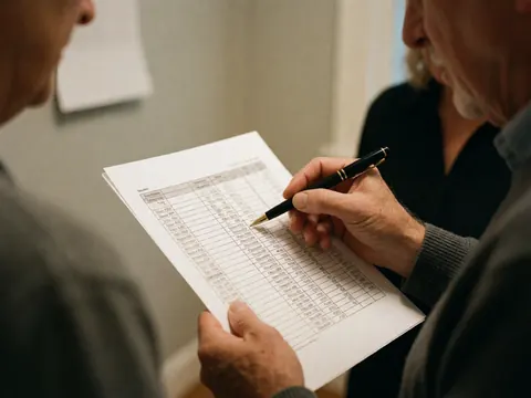 Une main adulte pointe une ligne sur une feuille de tableau financier avec un fond gris et une lumière chaude, évoquant un conseil financier.