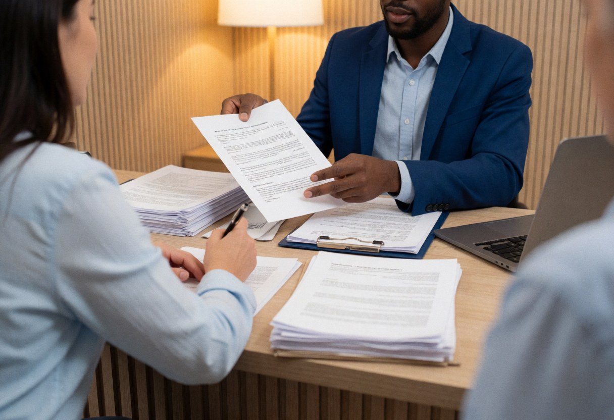 Consultant financier expliquant un document à un client assis dans un bureau avec un mur à lamelles et un ordinateur portable.