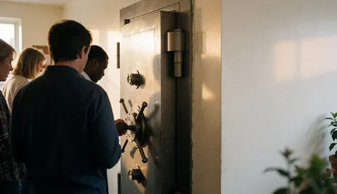 Des personnes observent une porte de sécurité à combinaison dans un environnement bancaire avec des murs peints et une lumière naturelle.