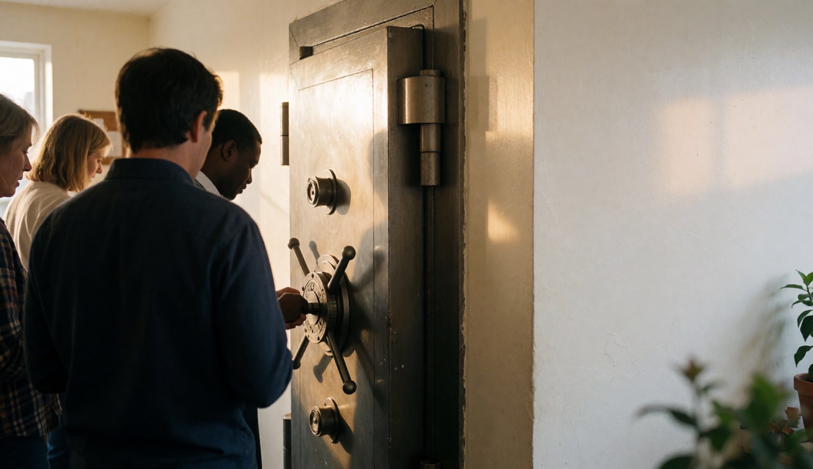 Des personnes observent une porte de sécurité à combinaison dans un environnement bancaire avec des murs peints et une lumière naturelle.