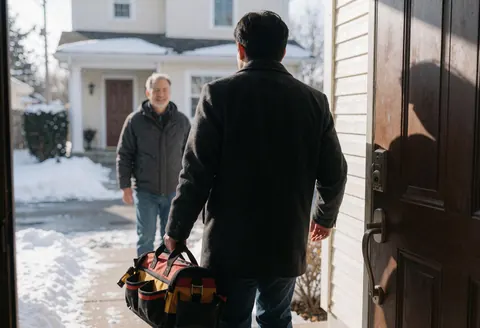 Un technicien de chauffage quitte une maison résidentielle après un service terminé, portant une trousse à outils sur le dos dans un environnement enneigé.