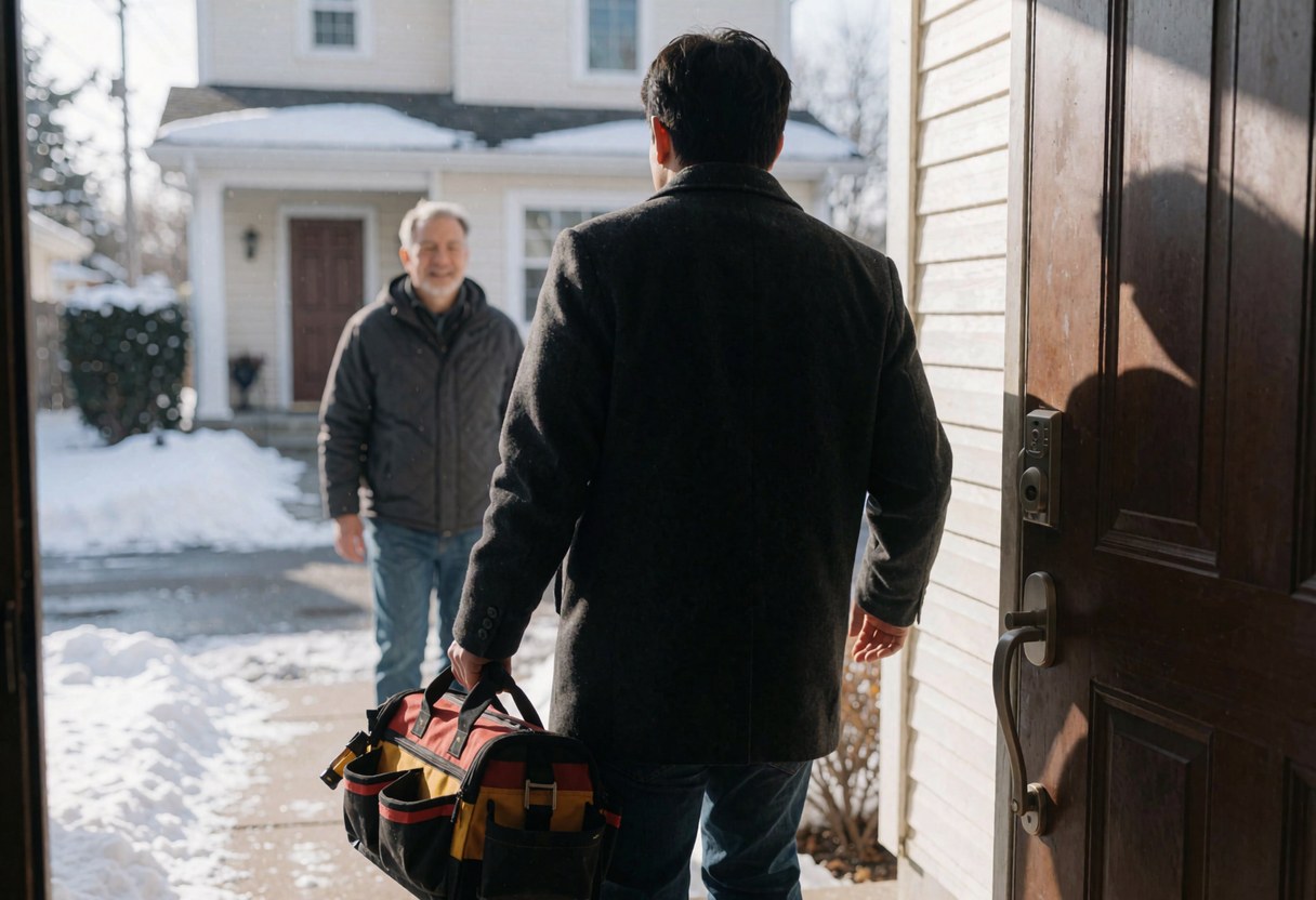 Un technicien de chauffage quitte une maison résidentielle après un service terminé, portant une trousse à outils sur le dos dans un environnement enneigé.