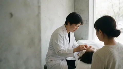 Une dermatologue applique un traitement facial à une cliente allongée sur une table dans un environnement clinique avec lumière naturelle.