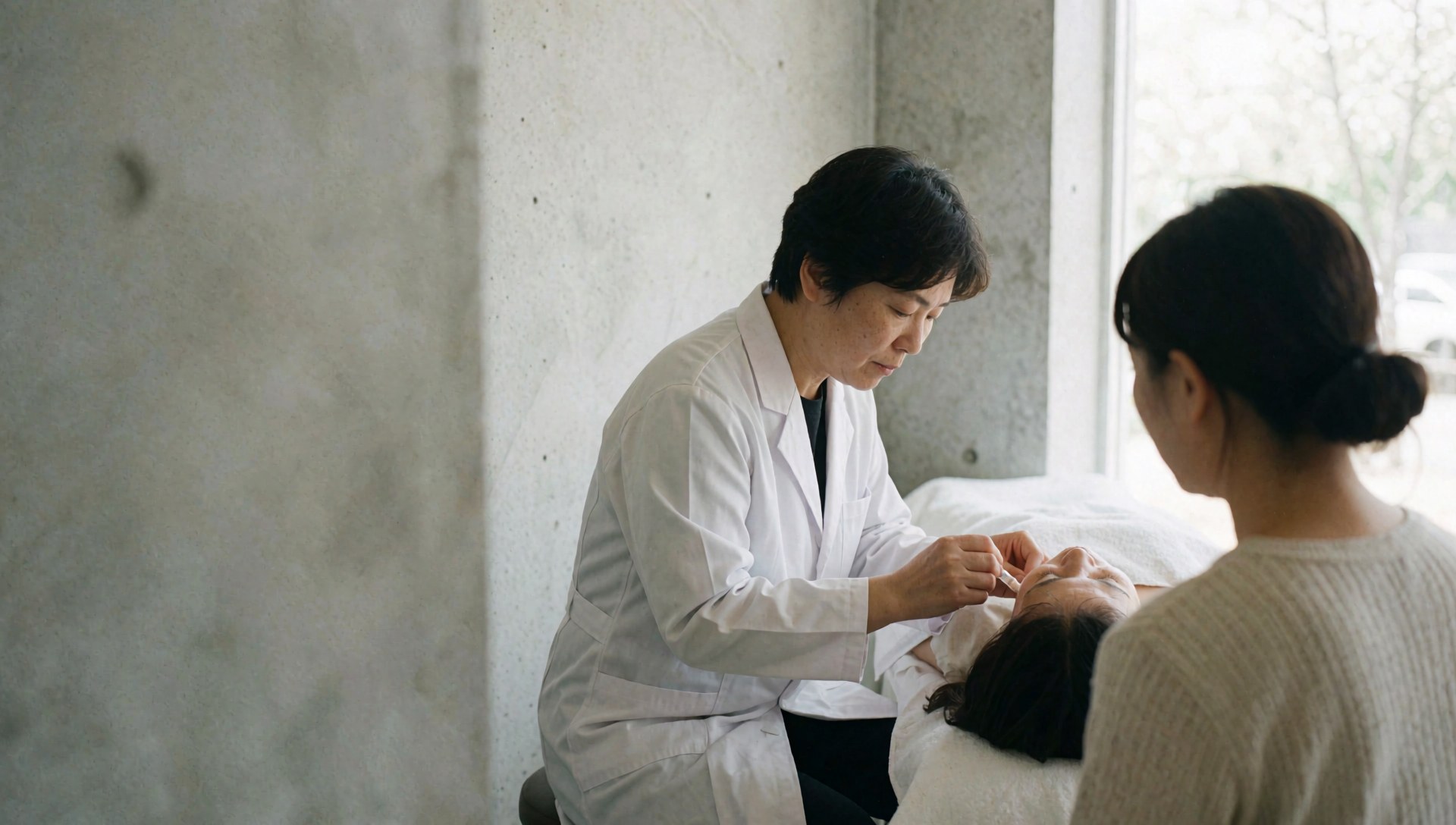 Une dermatologue applique un traitement facial à une cliente allongée sur une table dans un environnement clinique avec lumière naturelle.
