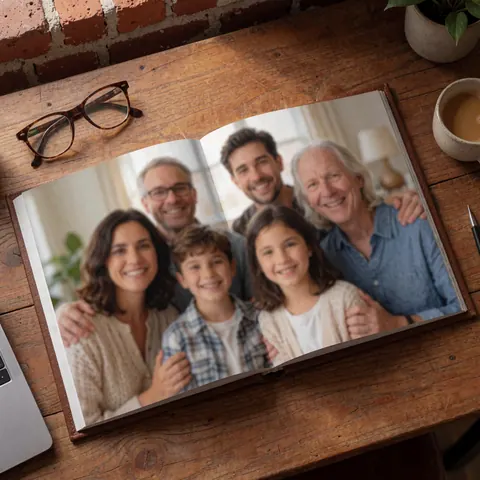 Album photo familial ouvert posé sur une table en bois devant un mur de briques, illustrant le travail d'un photographe portraitiste.