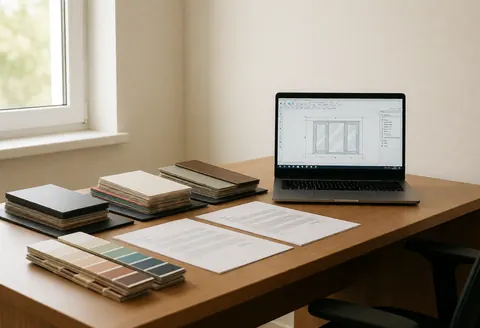 Bureau d'installation de fenêtres avec des échantillons de cadres, des contrats et un design sur un ordinateur portable, éclairé par la lumière naturelle.