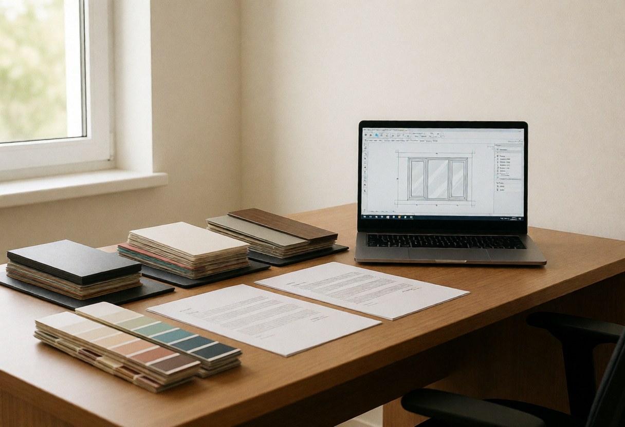 Bureau d'installation de fenêtres avec des échantillons de cadres, des contrats et un design sur un ordinateur portable, éclairé par la lumière naturelle.