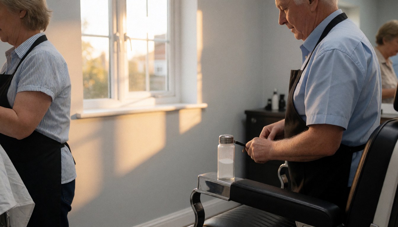 Un barbier portant une casquette applique un produit capillaire sur un client installé dans un fauteuil de barbier, dans un salon aux murs gris éclairé par la lumière naturelle d'une fenêtre.