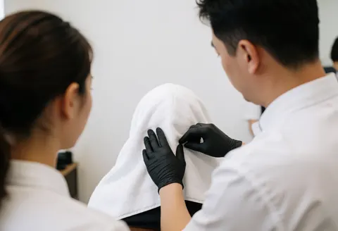 Un barbier portant des gants noirs applique un soin sur une serviette blanche dans un salon aux murs blancs, illustrant un service en cours.