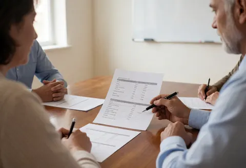 Des mains examinant des documents financiers lors d'une réunion avec des clients autour d'une table en bois, avec un tableau blanc en arrière-plan.