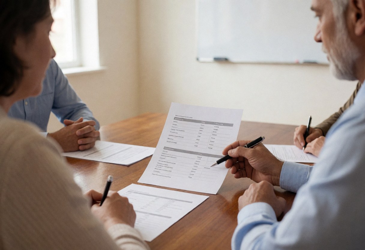 Des mains examinant des documents financiers lors d'une réunion avec des clients autour d'une table en bois, avec un tableau blanc en arrière-plan.
