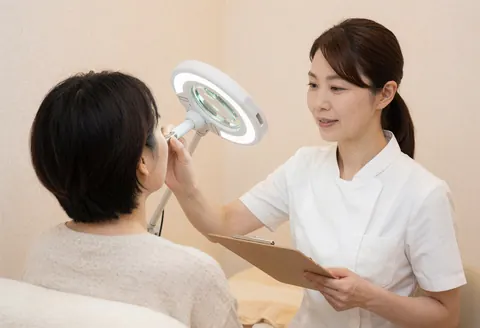 Une esthéticienne en uniforme blanc examine la peau d'une cliente à l'aide d'une loupe dans un cabinet beige.