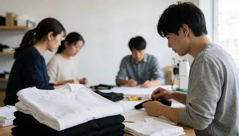 Atelier d'impression textile avec des t-shirts blancs et noirs, personnes travaillant à une table avec une machine à coudre et une lumière naturelle.