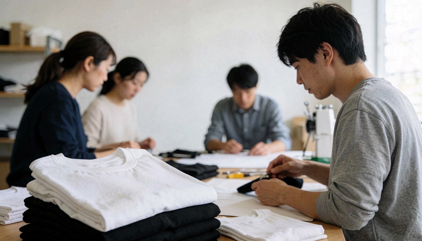 Atelier d'impression textile avec des t-shirts blancs et noirs, personnes travaillant à une table avec une machine à coudre et une lumière naturelle.