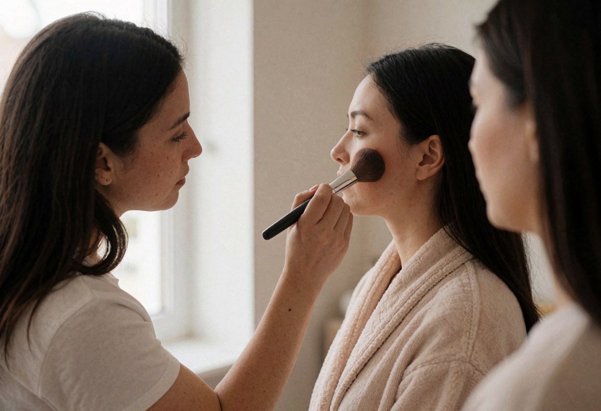 Maquilleuse professionnelle applique du blush sur le visage d'une cliente à l'aide d'un pinceau, dans un cadre lumineux avec une paroi neutre.
