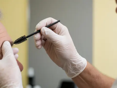 Une main portant un gant applique du produit sur les sourcils d'un client dans un salon de barbier aux murs jaunes et fond gris.