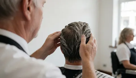 Un barbier applique une mascarille sur les cheveux humides d'un client assis dans un salon de coiffure aux murs blancs et à la lumière naturelle.