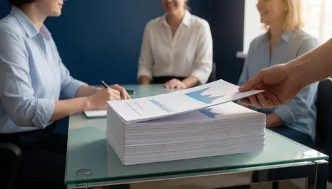 Une main tend un document contenant des graphiques sur une table en verre dans un bureau immobilier moderne avec un mur bleu foncé.