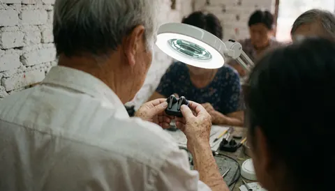 Un technicien examine des écouteurs avec une loupe dans un atelier. Des outils et des murs en briques sont visibles, tandis que des clients observent la prestation de service.