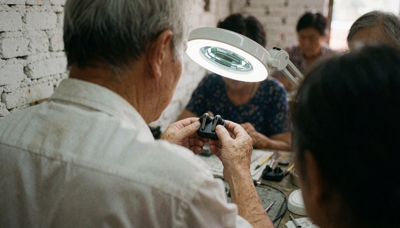 Un technicien examine des écouteurs avec une loupe dans un atelier. Des outils et des murs en briques sont visibles, tandis que des clients observent la prestation de service.