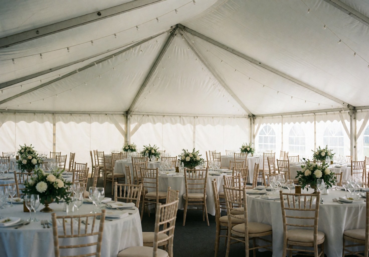 Intérieur d'une salle préparée pour un mariage, ornée de tables rondes, de chaises en bois et de centres de table floraux blancs, baignée de lumière naturelle.
