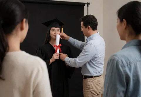 Un photographe professionnel ajuste le diplôme d'une étudiante en robe de graduation devant un fond noir en studio.