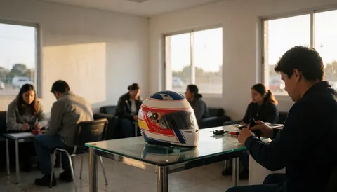 Casque de course posé sur une table en verre dans un hall d'accueil lumineux avec des murs blancs et une lumière de coucher de soleil.