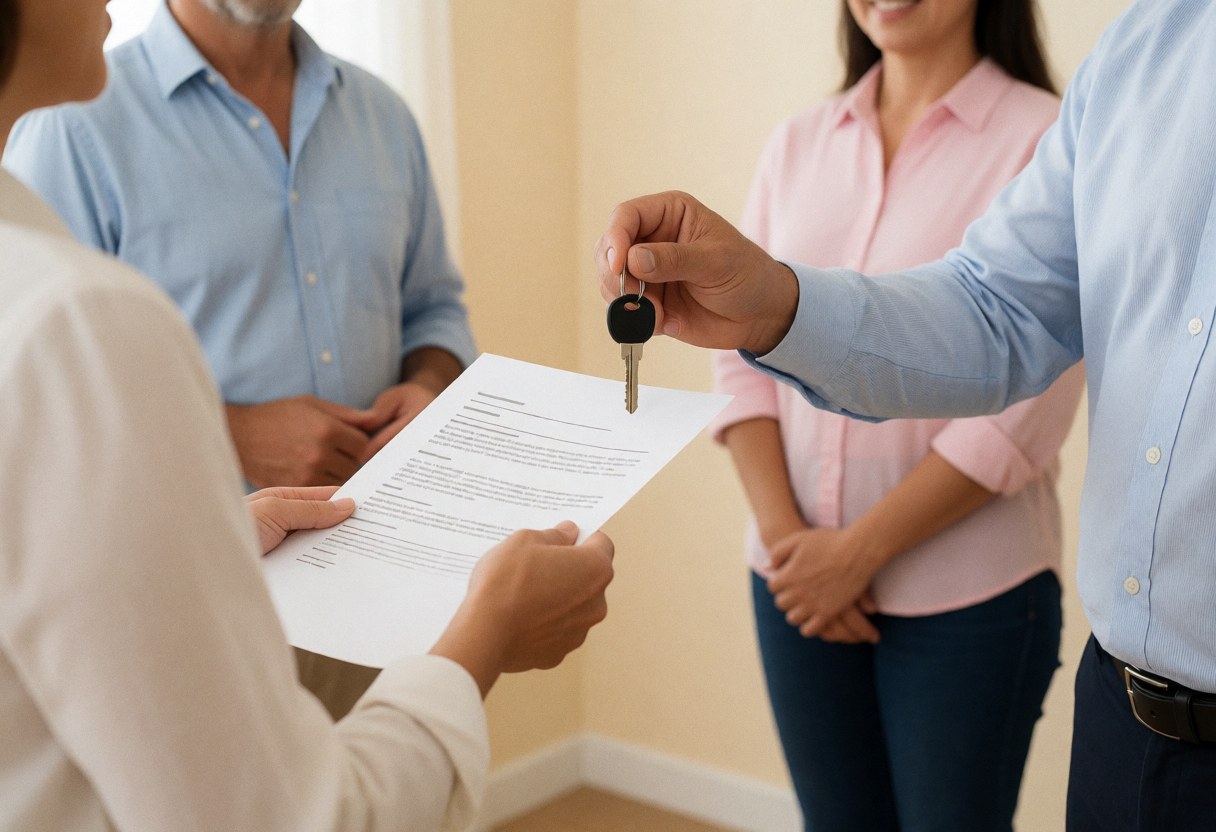 Un agent immobilier professionnel tend des clés et un document contractuel à son client lors d'une remise de biens immobiliers.