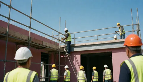 Des ouvriers portant casques et gilets de sécurité travaillent sur des échafaudages métalliques devant un immeuble en cours de construction avec une façade rose sous un ciel bleu clair.