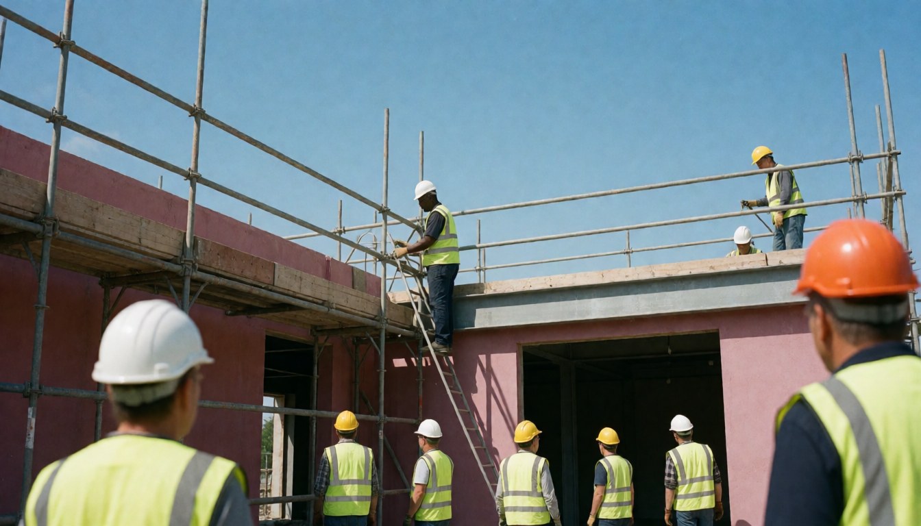 Des ouvriers portant casques et gilets de sécurité travaillent sur des échafaudages métalliques devant un immeuble en cours de construction avec une façade rose sous un ciel bleu clair.