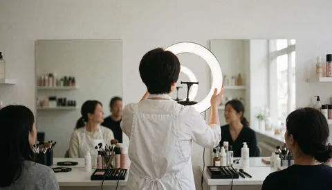 Maquilleuse professionnelle règle un anneau lumineux dans un studio avec miroirs et produits, idéal pour un site web de maquillage.