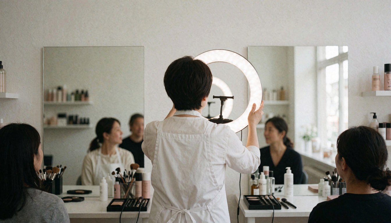 Maquilleuse professionnelle règle un anneau lumineux dans un studio avec miroirs et produits, idéal pour un site web de maquillage.
