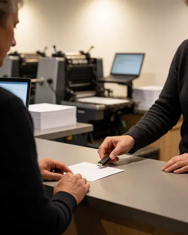 Un client tend une clé usb sur un formulaire au comptoir d'un atelier d'impression avec du matériel offset en arrière-plan.