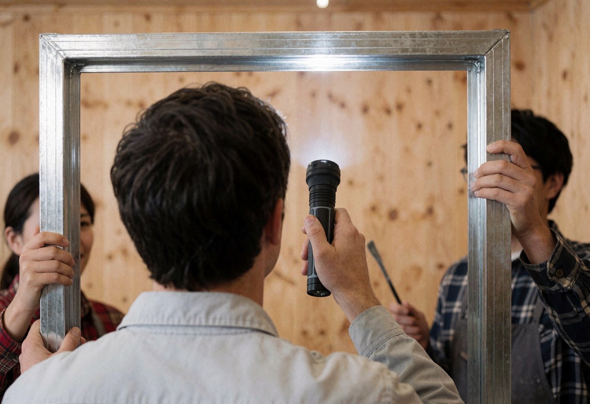 Trois ouvriers examinent un cadre métallique à l'aide d'une lampe dans un atelier aux murs en bois, illustrant une scène de travail du métal.
