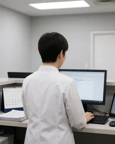 Vue de dos d'un professionnel portant un uniforme blanc, assis à un bureau avec un calendrier et des documents, dans un environnement de bureau ordonné.