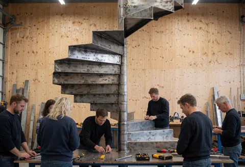 Des ouvriers assemblent une structure en acier dans un atelier aux murs en bois, avec des outils sur une table et des vis visibles.