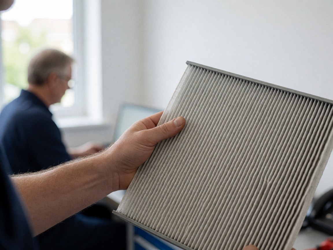 Une main tient un filtre à air pour voiture dans un atelier mécanique avec un mur blanc et une lumière naturelle provenant d'une fenêtre.