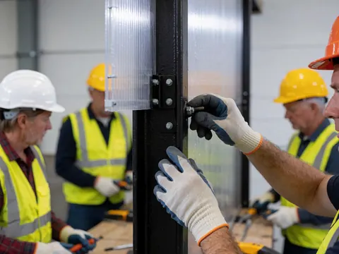 Un travailleur serre un boulon sur une console noire fixant un panneau en polycarbonate aux poutres d'acier dans un atelier industriel, équipé de gants et d'un casque de sécurité.