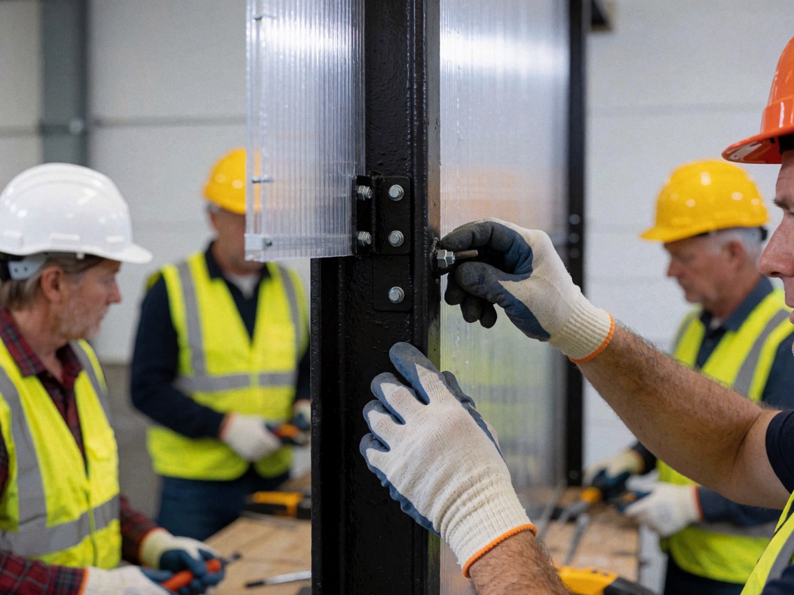 Un travailleur serre un boulon sur une console noire fixant un panneau en polycarbonate aux poutres d'acier dans un atelier industriel, équipé de gants et d'un casque de sécurité.