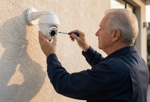 Un technicien ajuste une caméra de sécurité blanche sur un mur beige avec la lumière du coucher de soleil, illustrant un service d'installation en cours.