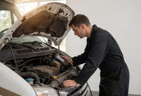 Mécanicien en uniforme sombre examine le moteur d'un camping-car à l'aide d'un outil de diagnostic dans un atelier aux murs blancs et à la lumière naturelle.