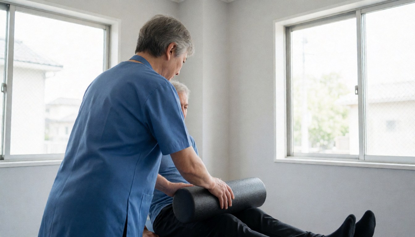 Un thérapeute aide un client à utiliser correctement un rouleau de mousse dans une clinique aux murs gris et aux grandes fenêtres.
