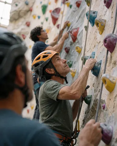Un grimpeur équipé d'un casque et d'un harnais progresse sur une paroi intérieure dotée de prises colorées, illustrant l'équipement et la technique du sport.