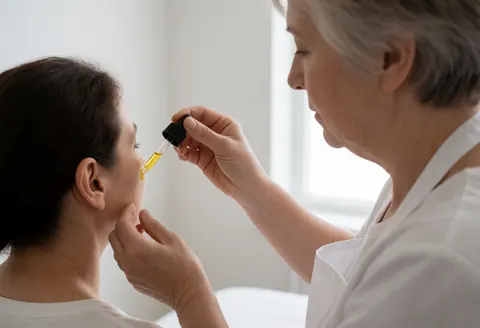 Un professionnel applique de l'huile faciale à un client dans un salon de beauté aux murs blancs et à la lumière naturelle.